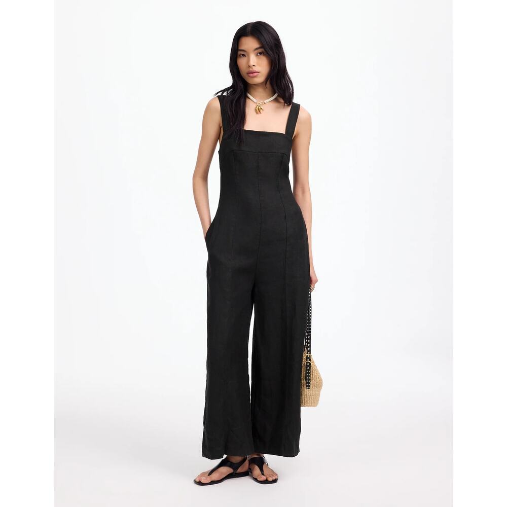 Madewell Women's Squareneck Wide-Leg Jumpsuit 100% Linen Jet Black Size 12 NWT